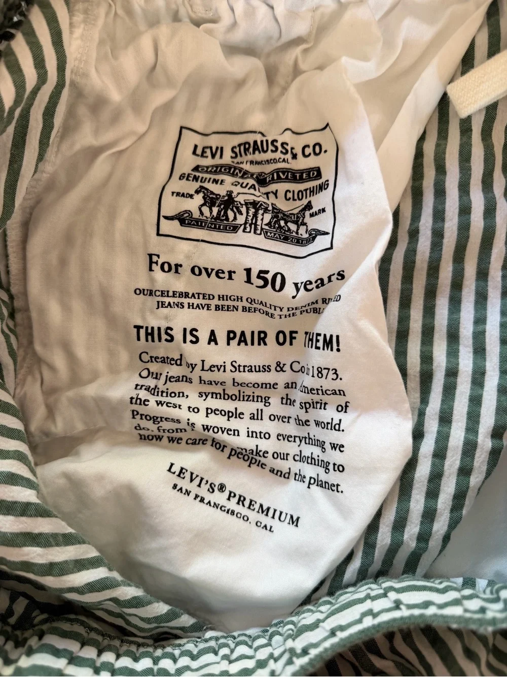 Levi's Green and White Striped Flat Front Shorts
